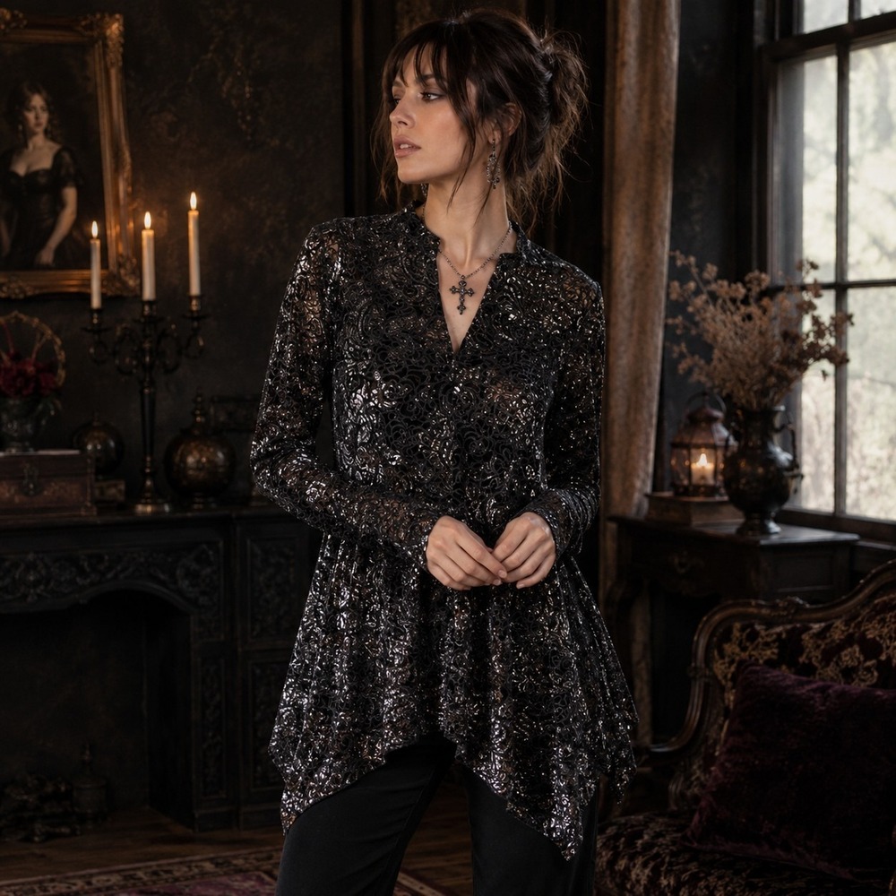 Sno Skins Tunic Top L Black Tapestry Burnout Velvet Wimsigoth Witchcore Artsy